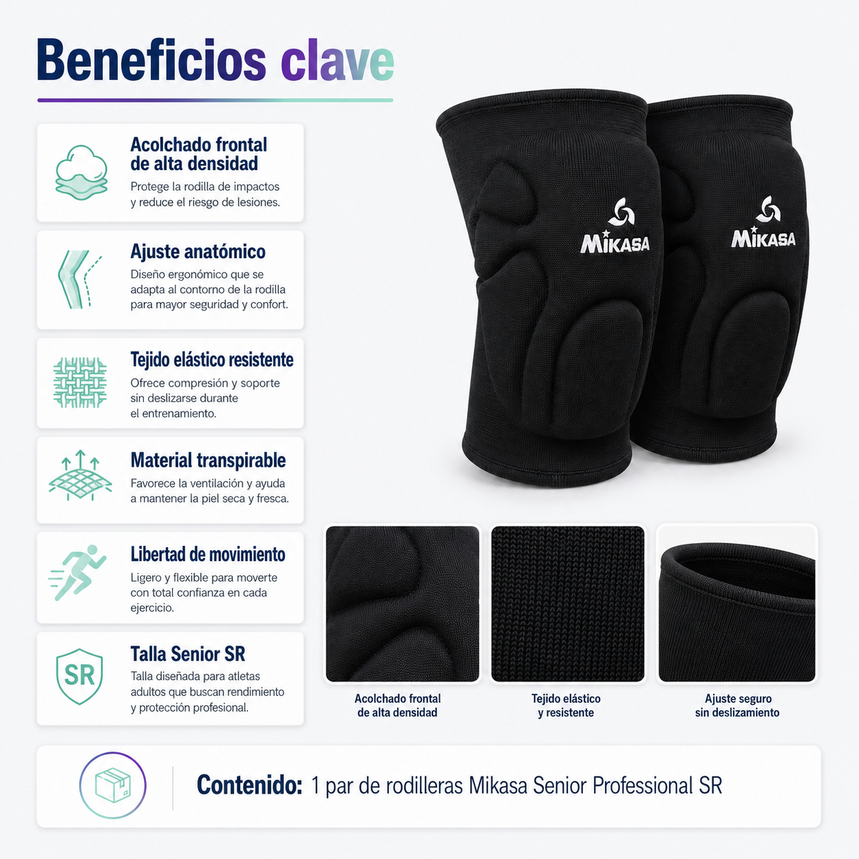 Rodillera Deportiva Mikasa Senior Professional SR con Acolchado
