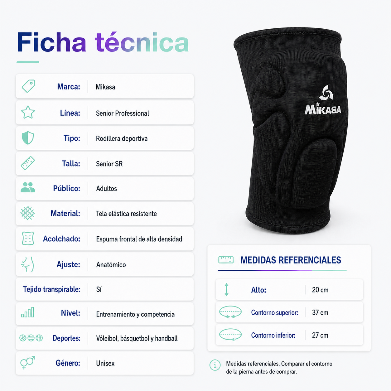 Rodillera Deportiva Mikasa Senior Professional SR con Acolchado