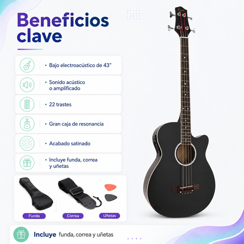 Bajo Electroacústico Epic 43” con Funda, Correa y Uñetas | Negra