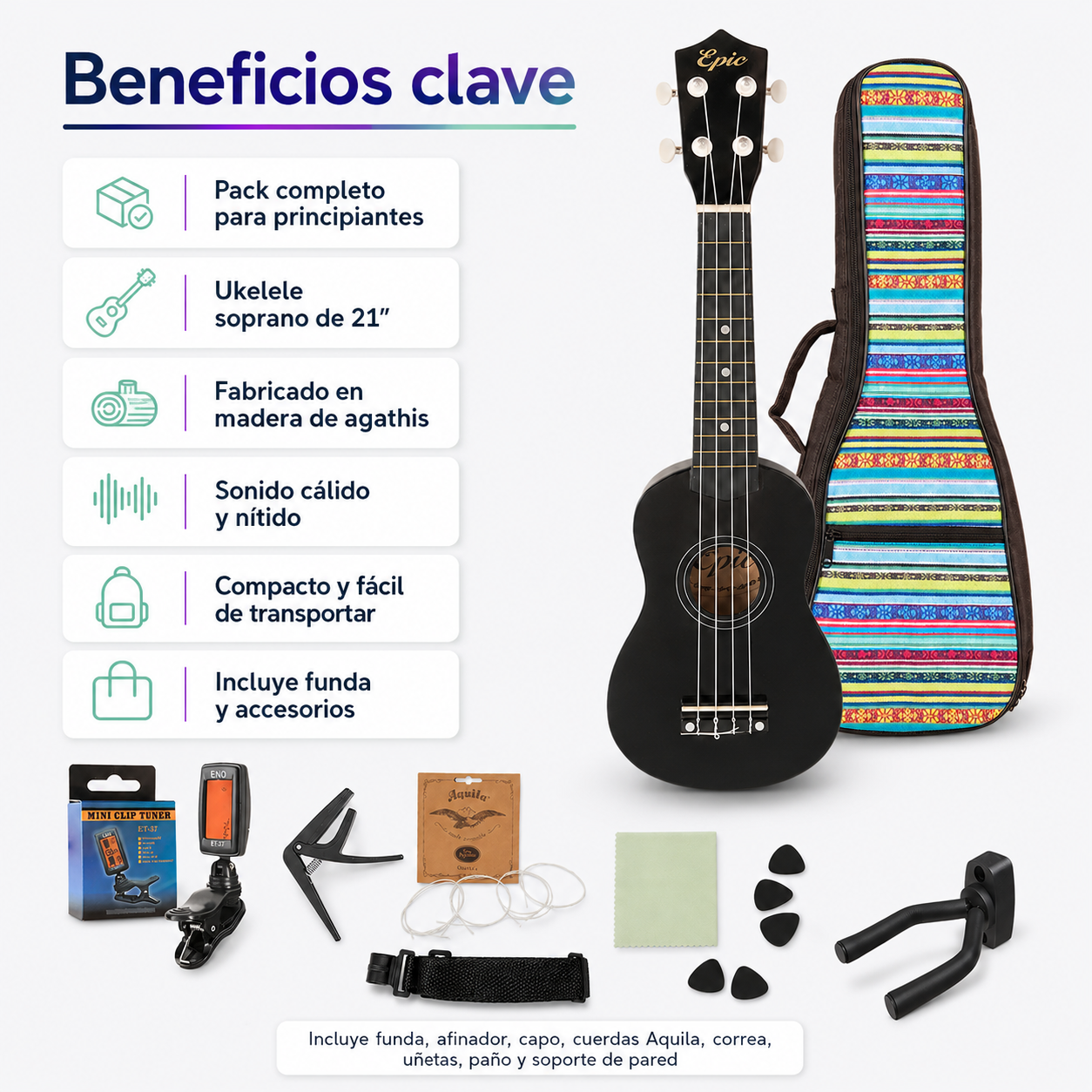 Ukelele Soprano Epic Music 21” con Funda, Afinador, Capo y Accesorios | Negro
