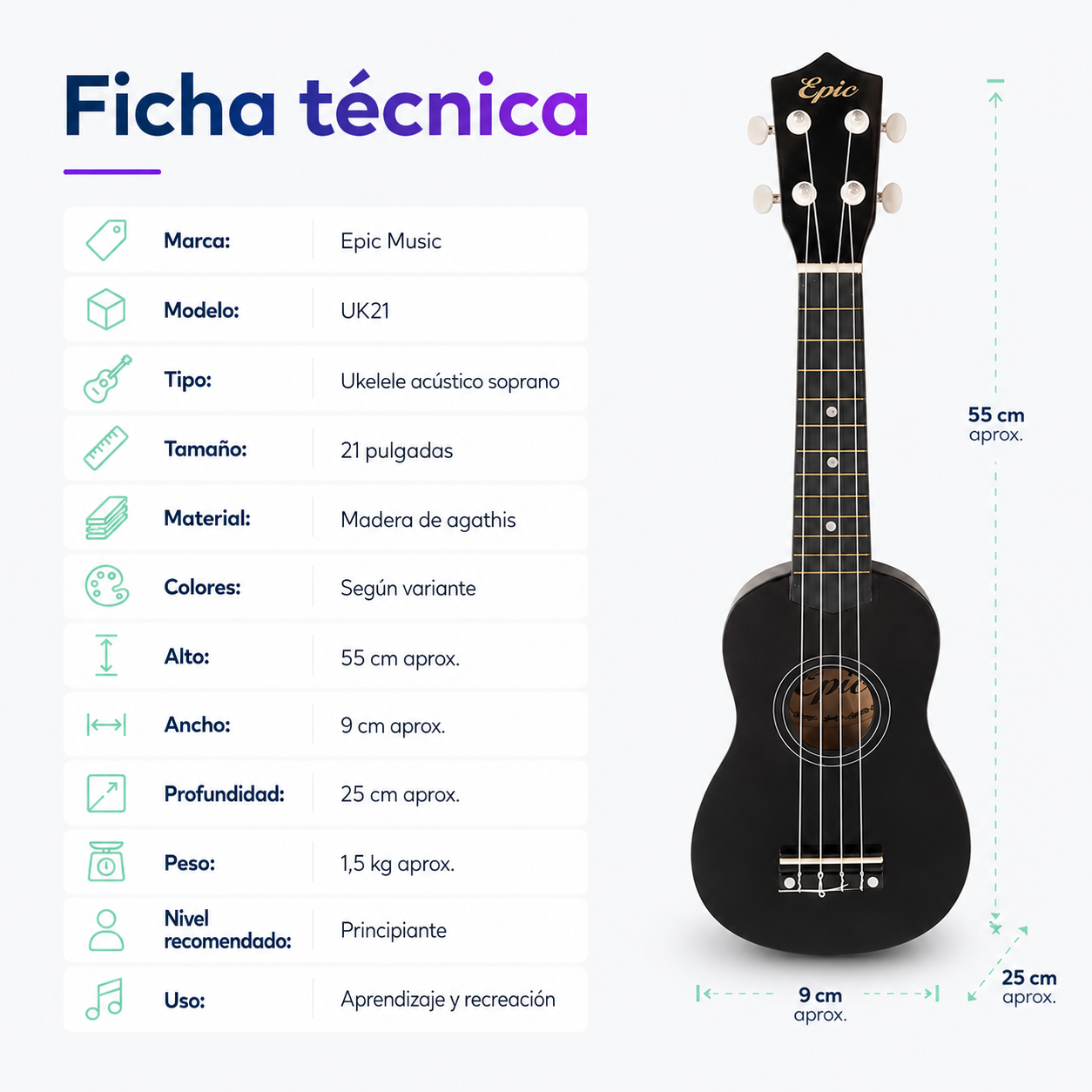 Ukelele Soprano Epic Music 21” con Funda, Afinador, Capo y Accesorios | Negro