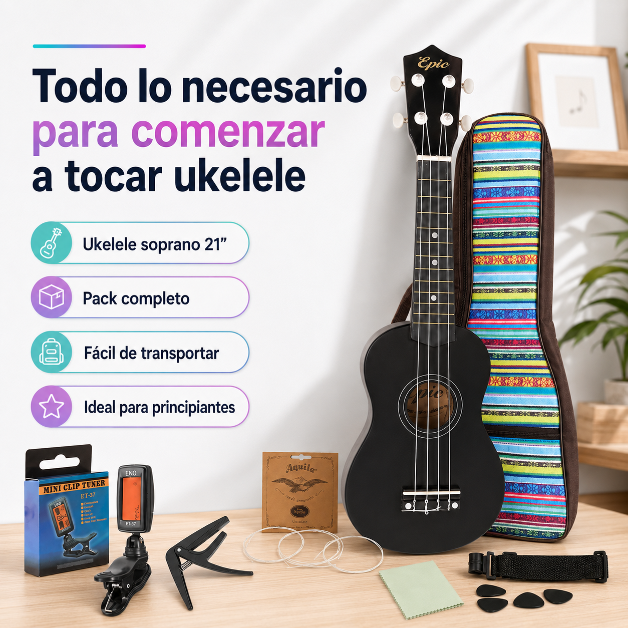 Ukelele Soprano Epic Music 21” con Funda, Afinador, Capo y Accesorios | Negro