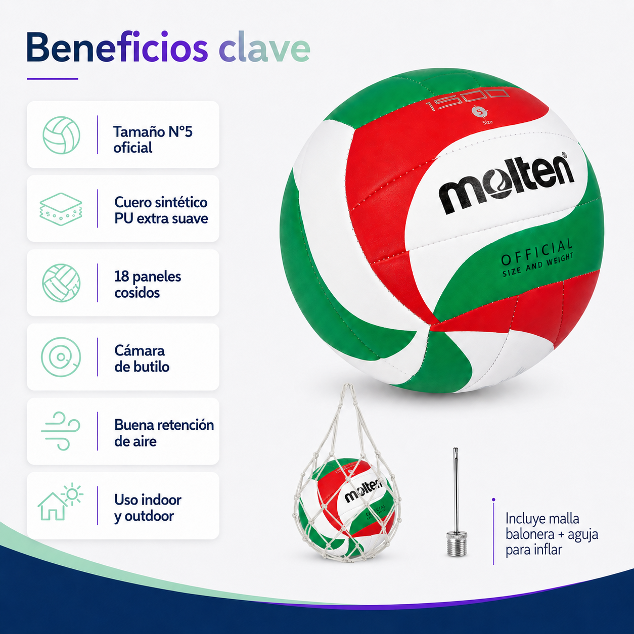 Balon de Voleibol Molten V5M-1500 Serve N°5 con Malla y Aguja