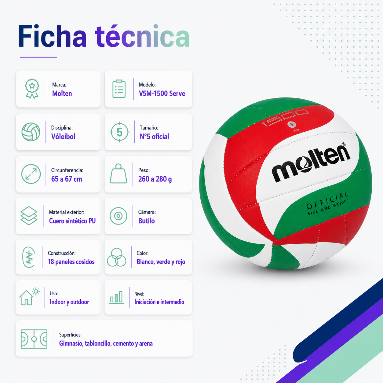 Balon de Voleibol Molten V5M-1500 Serve N°5 con Malla y Aguja
