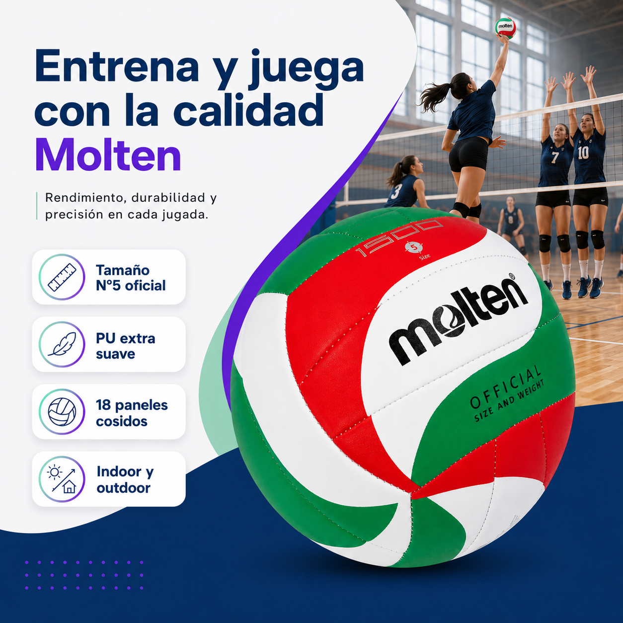 Balon de Voleibol Molten V5M-1500 Serve N°5 con Malla y Aguja