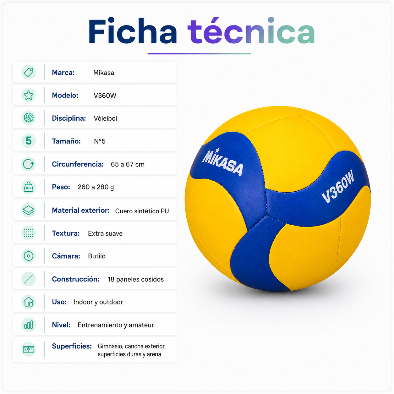 Balon Voleibol Mikasa V360W N°5 con Malla y Aguja