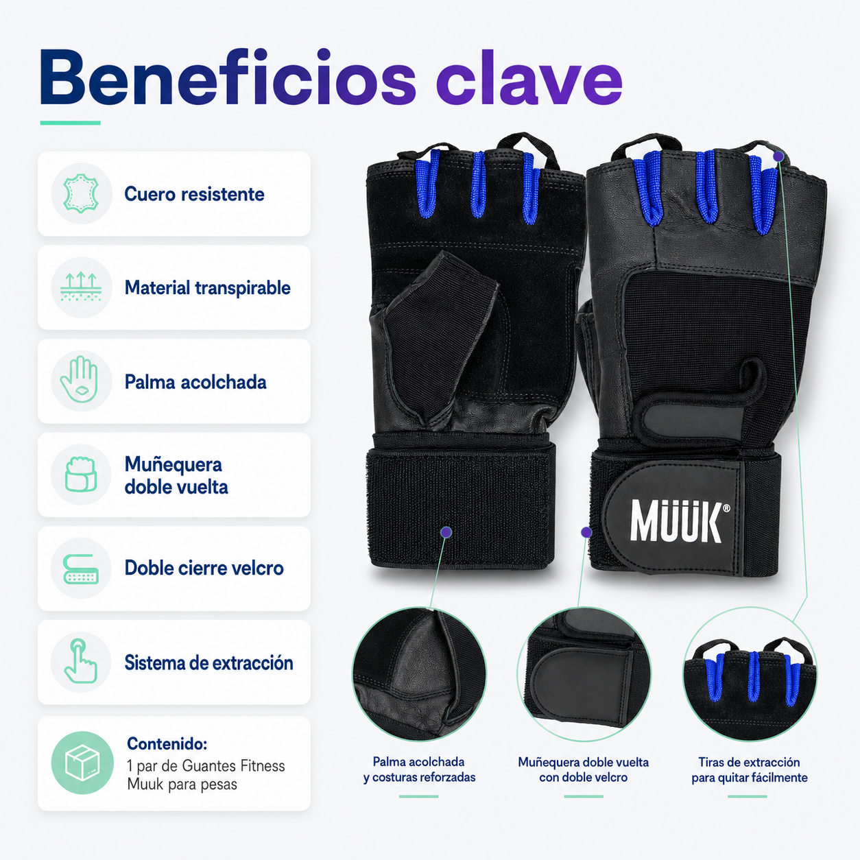 Guantes Fitness Muuk para Pesas con Muñequera y Doble Velcro Negro/Azul