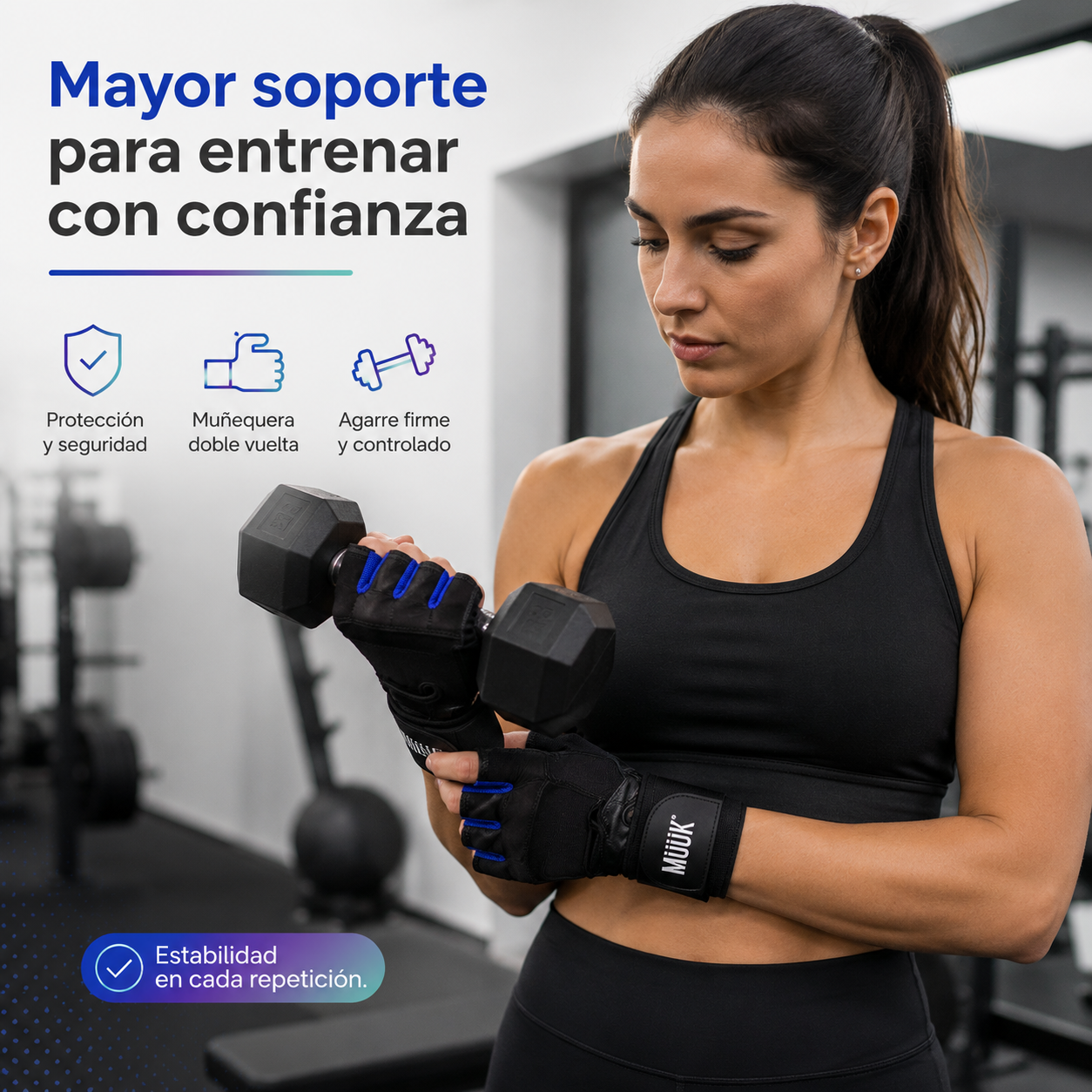 Guantes Fitness Muuk para Pesas con Muñequera y Doble Velcro Negro/Azul