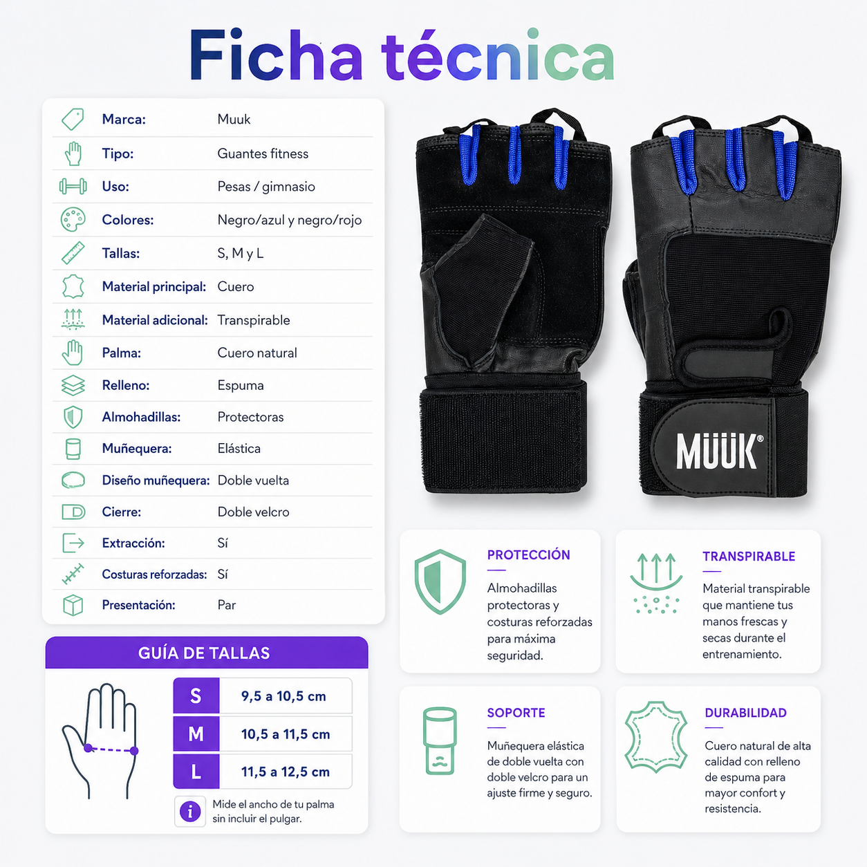 Guantes Fitness Muuk para Pesas con Muñequera y Doble Velcro Negro/Azul