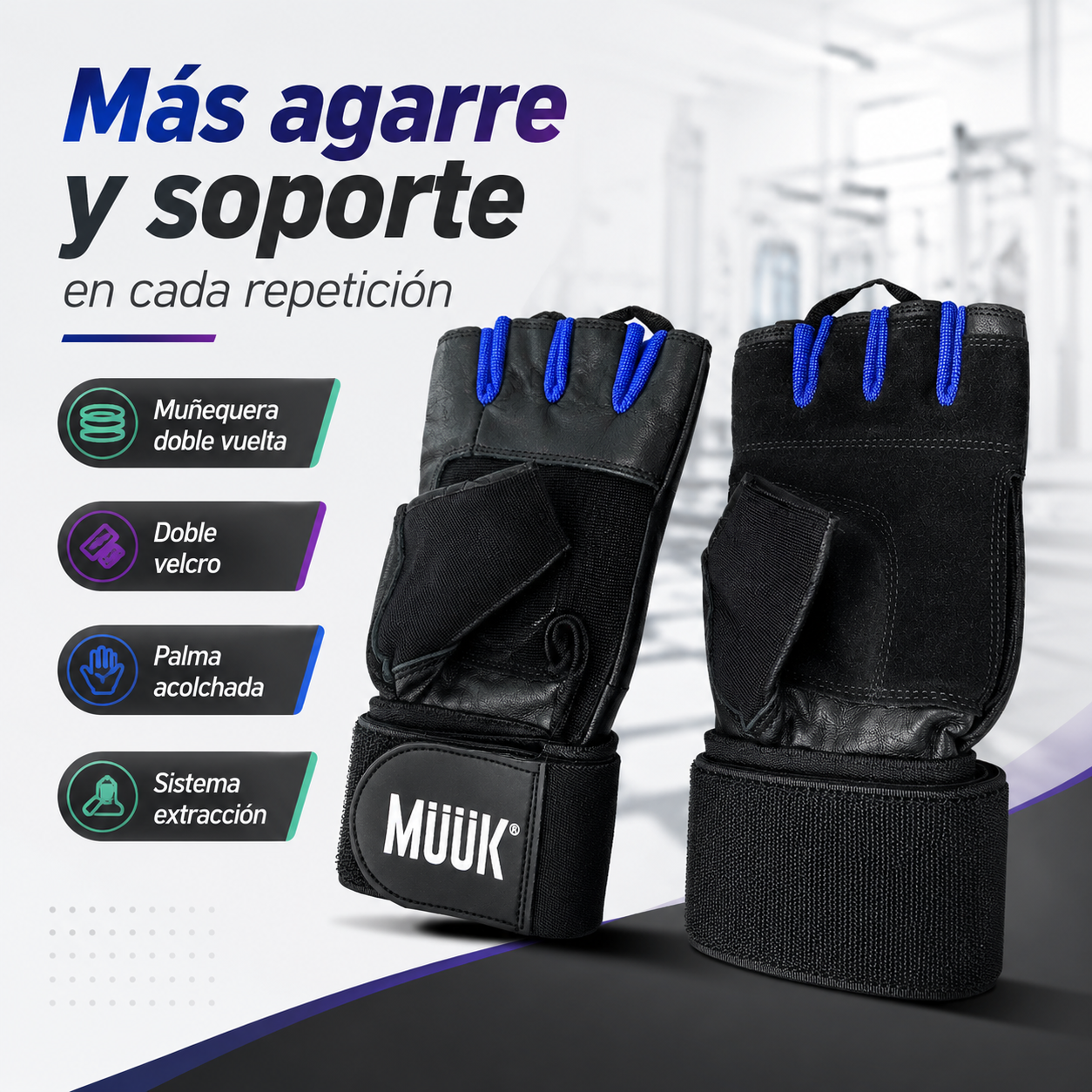 Guantes Fitness Muuk para Pesas con Muñequera y Doble Velcro Negro/Azul
