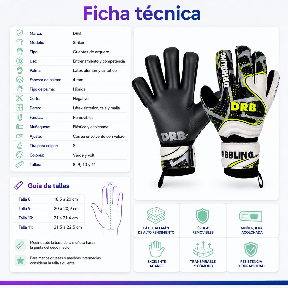 Guantes de Arquero DRB Striker con Látex Alemán y Férulas Removibles | Volt