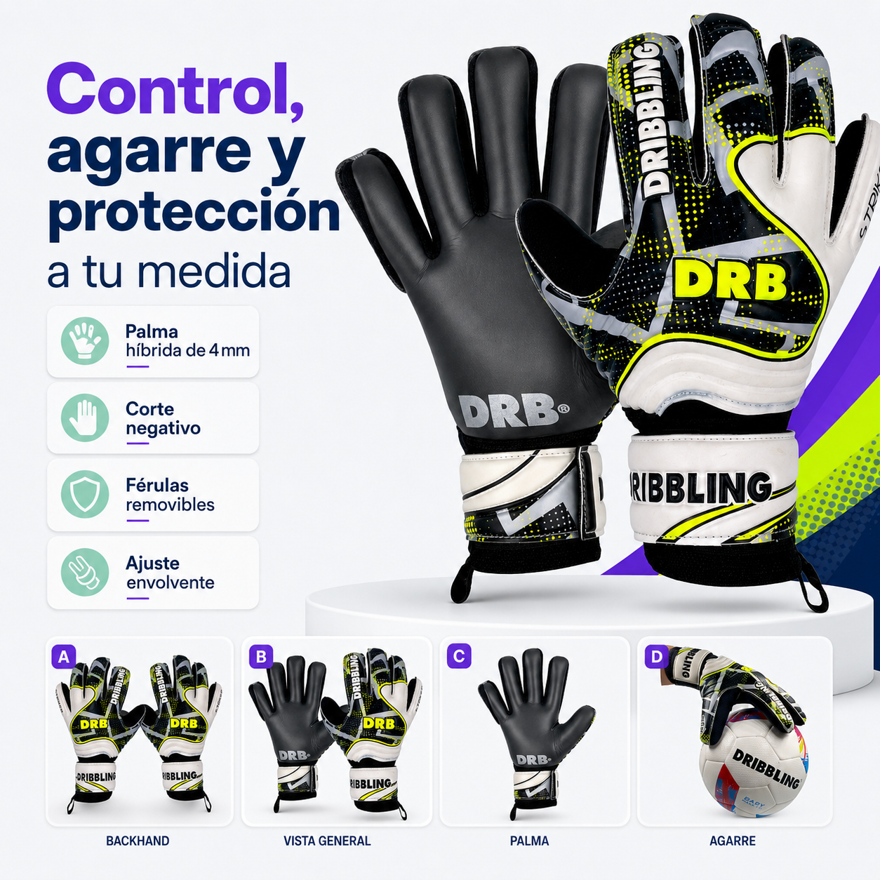 Guantes de Arquero DRB Striker con Látex Alemán y Férulas Removibles | Volt