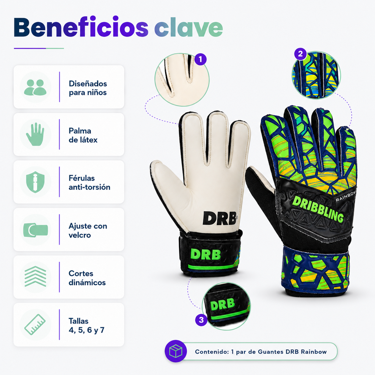 Guantes de Arquero DRB Rainbow para Niños con Férulas | Azul