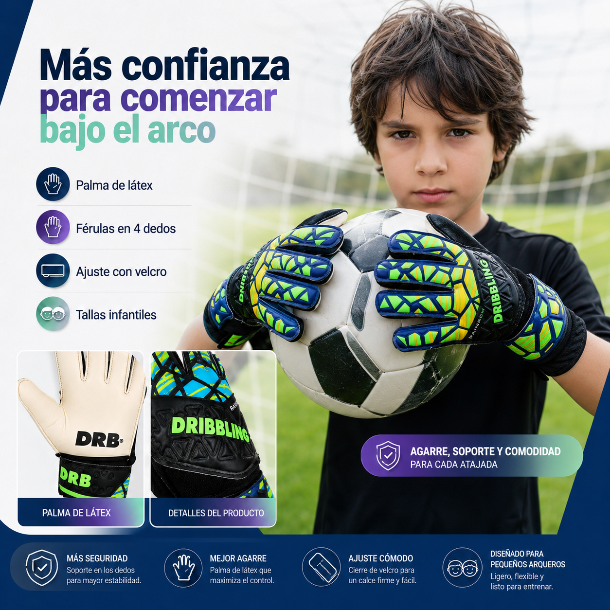 Guantes de Arquero DRB Rainbow para Niños con Férulas | Azul