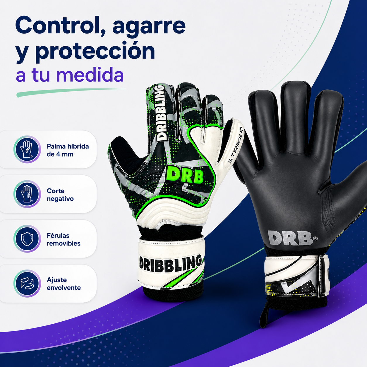 Guantes de Arquero DRB Striker con Látex Alemán y Férulas Removibles | Verde