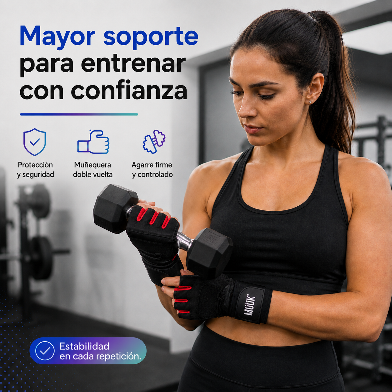 Guantes Fitness Muuk para Pesas con Muñequera y Doble Velcro Negro/Rojo