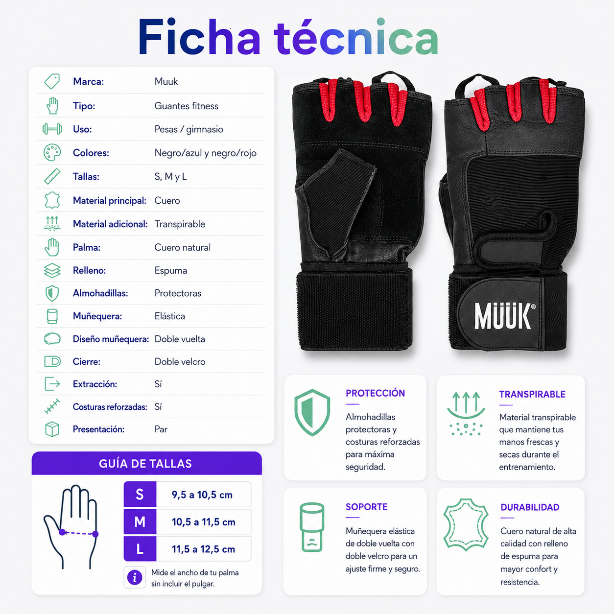 Guantes Fitness Muuk para Pesas con Muñequera y Doble Velcro Negro/Rojo
