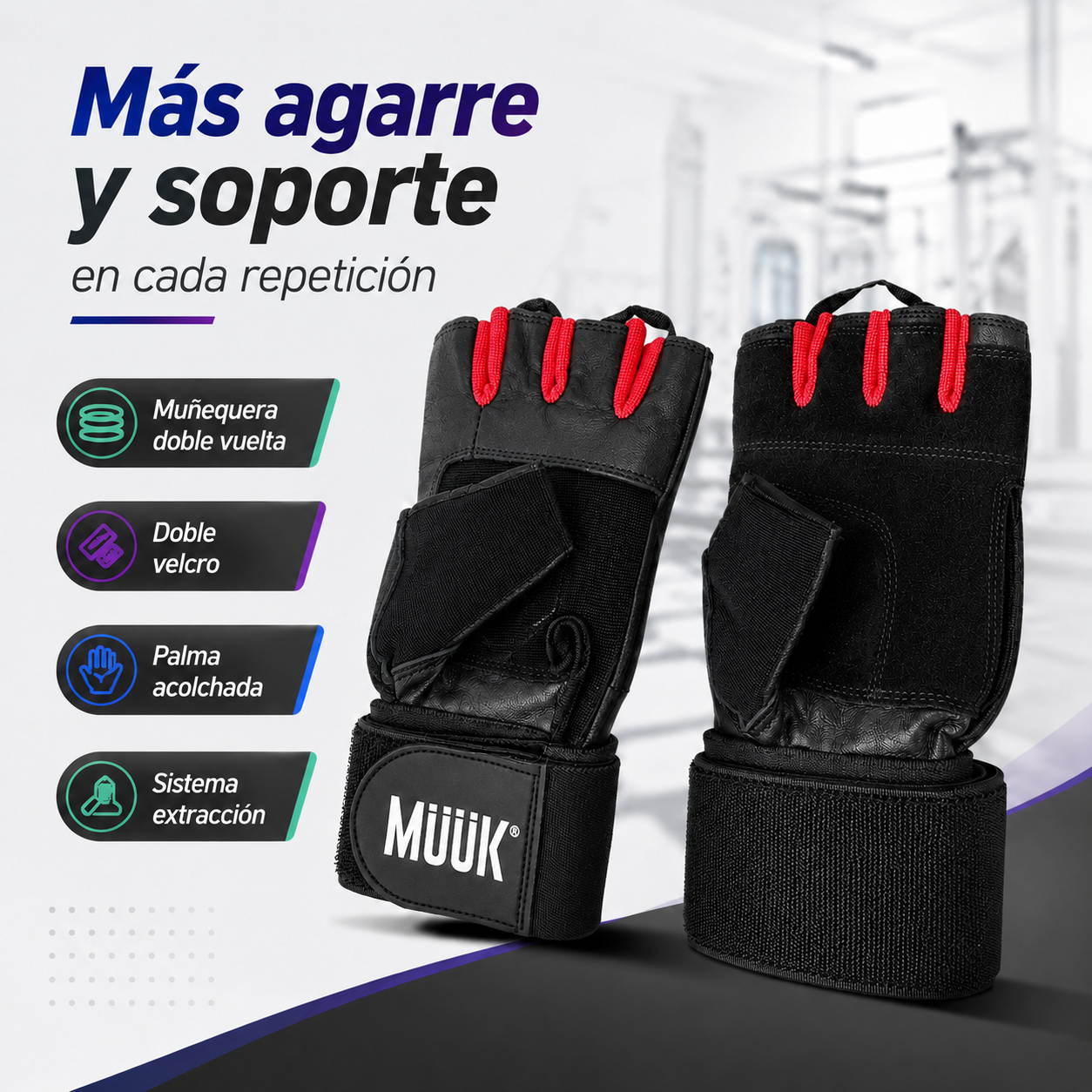 Guantes Fitness Muuk para Pesas con Muñequera y Doble Velcro Negro/Rojo
