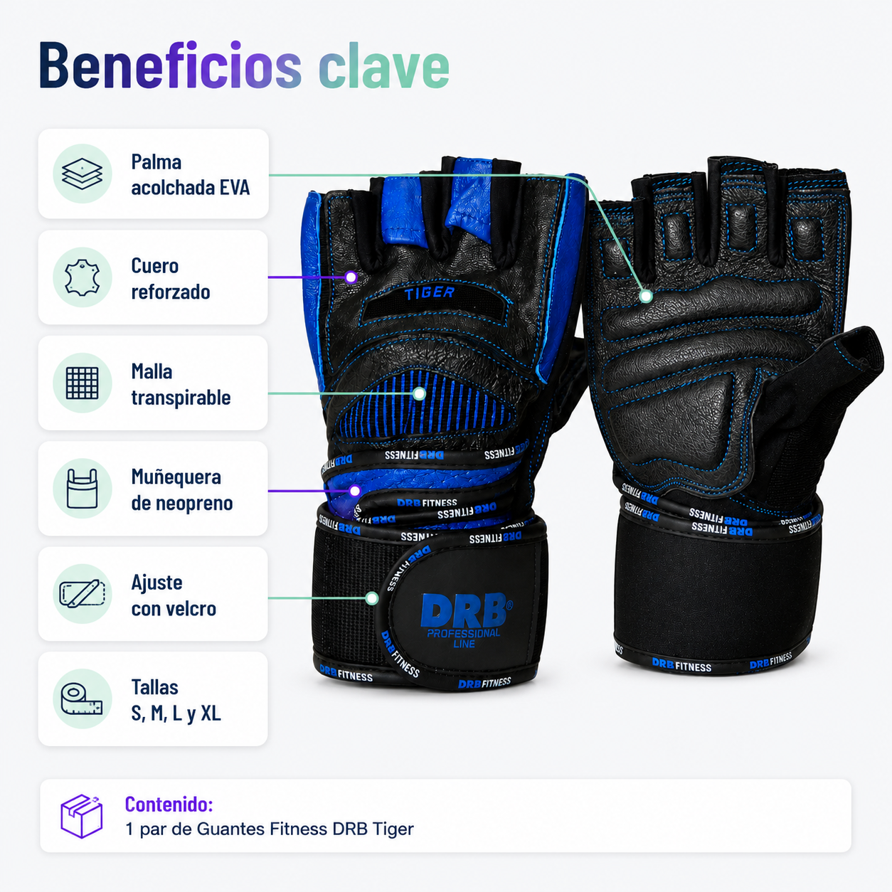 Guantes Fitness DRB Tiger Profesionales con Cuero y Muñequera | Azul