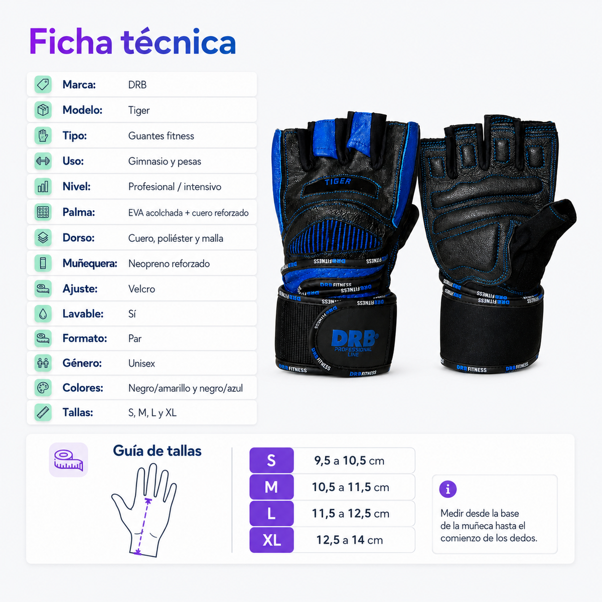 Guantes Fitness DRB Tiger Profesionales con Cuero y Muñequera | Azul