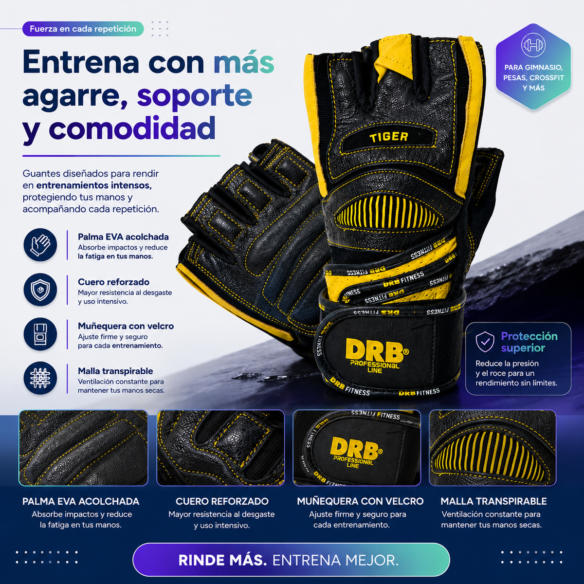 Guantes Fitness DRB Tiger Profesionales con Cuero y Muñequera | Amarillo