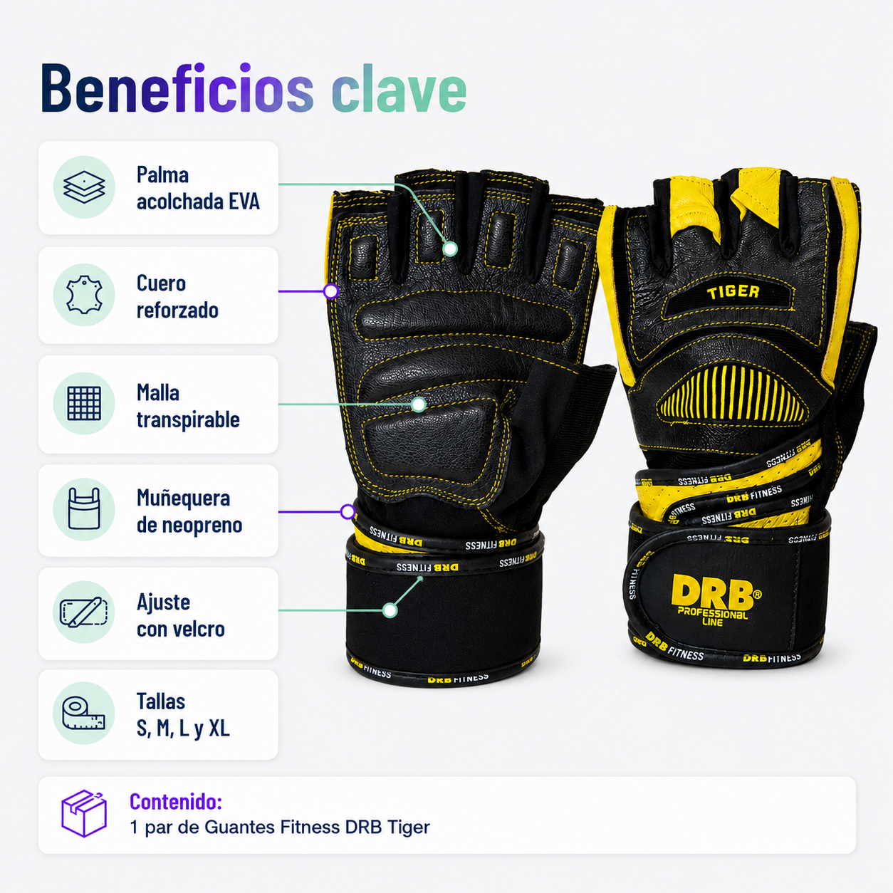 Guantes Fitness DRB Tiger Profesionales con Cuero y Muñequera | Amarillo