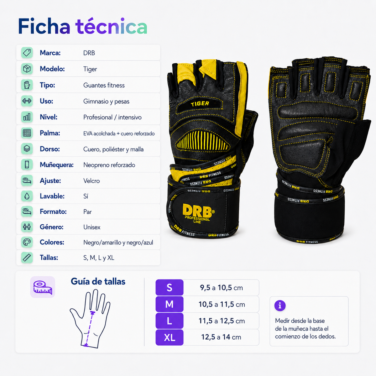 Guantes Fitness DRB Tiger Profesionales con Cuero y Muñequera | Amarillo