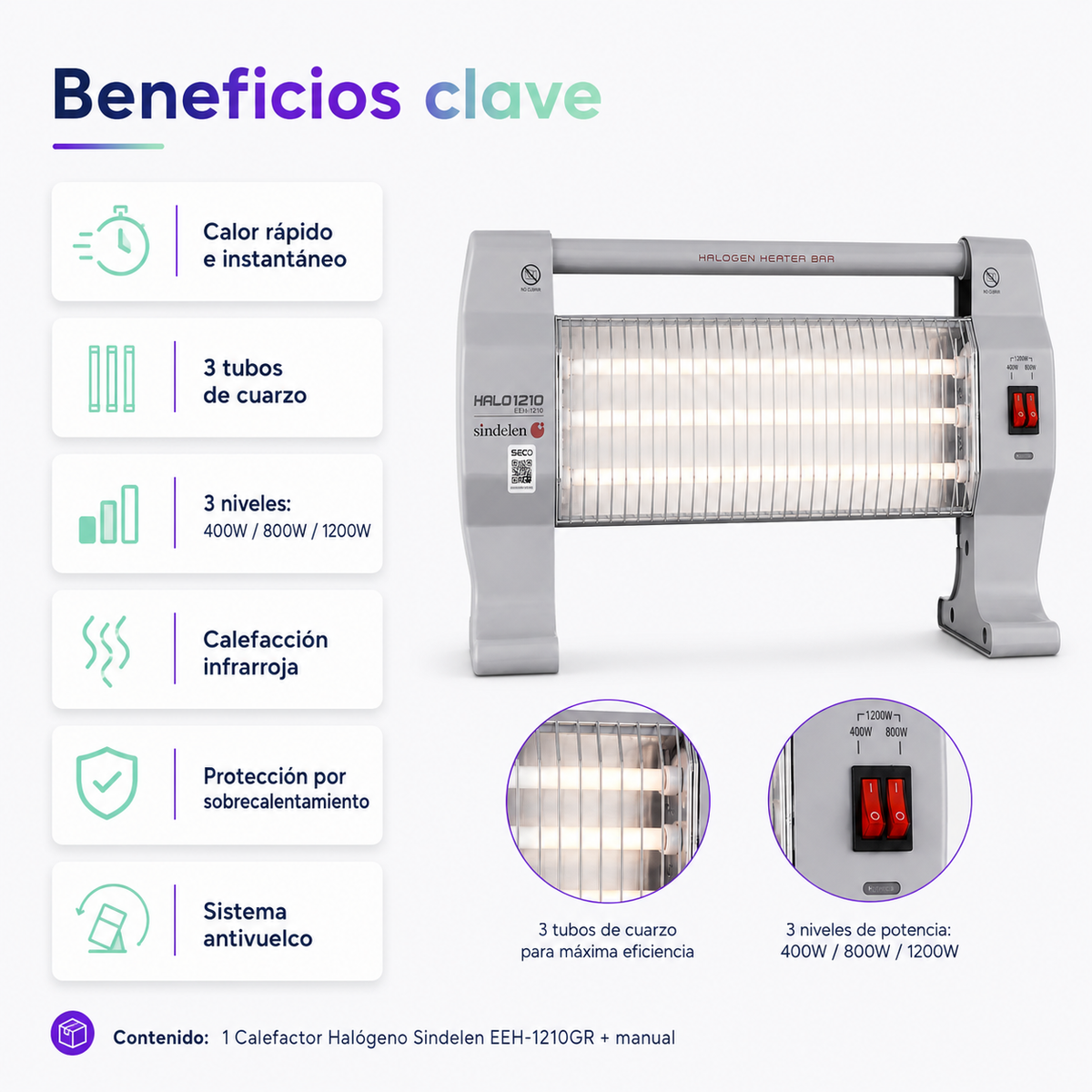 Estufa Halógena Sindelen EEH-1210GR 1200W con 3 Niveles