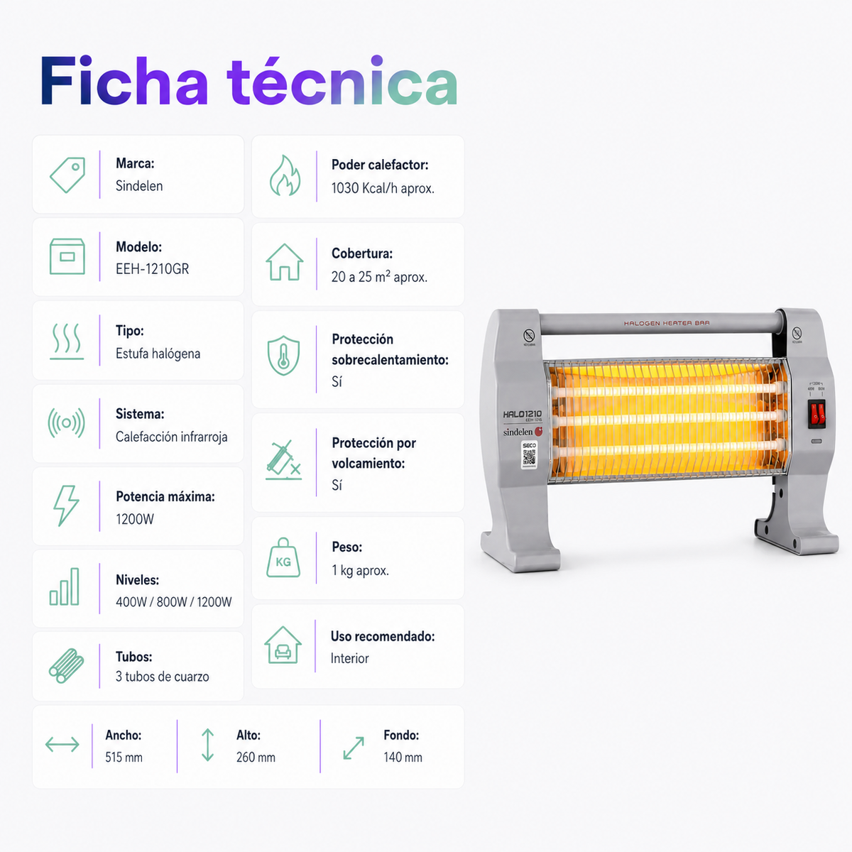 Estufa Halógena Sindelen EEH-1210GR 1200W con 3 Niveles