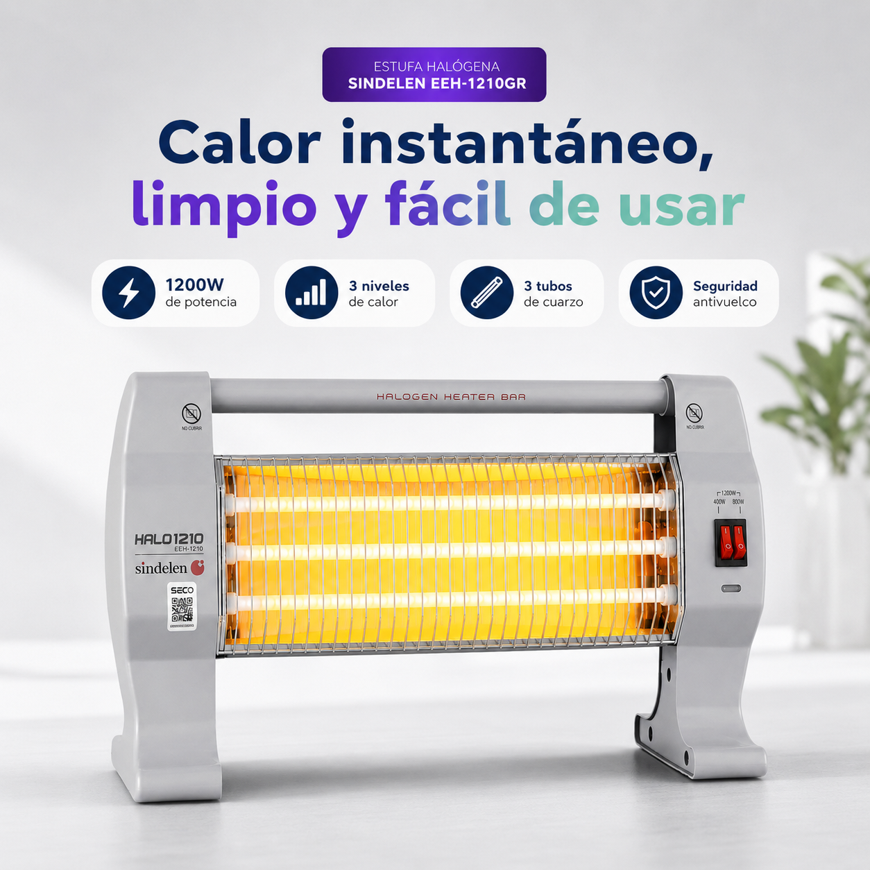 Estufa Halógena Sindelen EEH-1210GR 1200W con 3 Niveles