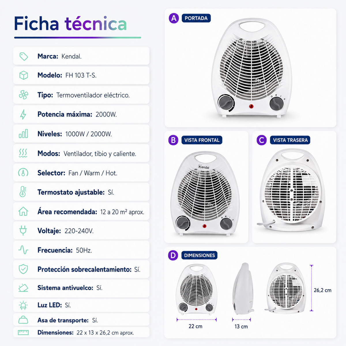 Termoventilador Kendal FH 103 T-S 2000W con Termostato