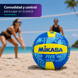 Balón de Vóleibol Playa Mikasa Good Vibes BV354TV N°5 Con Malla y Aguja | Azul/ Amarillo