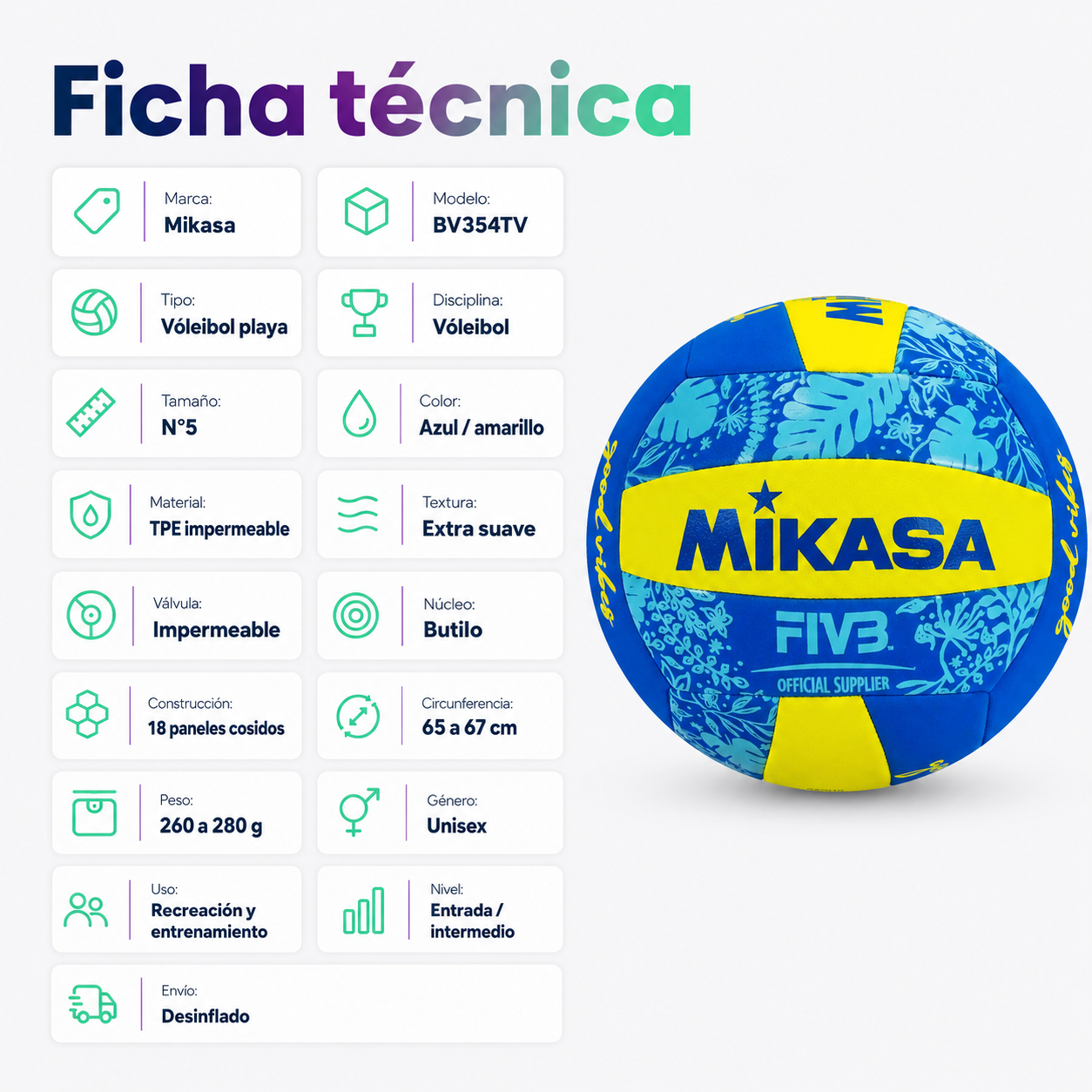 Balón de Vóleibol Playa Mikasa Good Vibes BV354TV N°5 Con Malla y Aguja | Azul/ Amarillo
