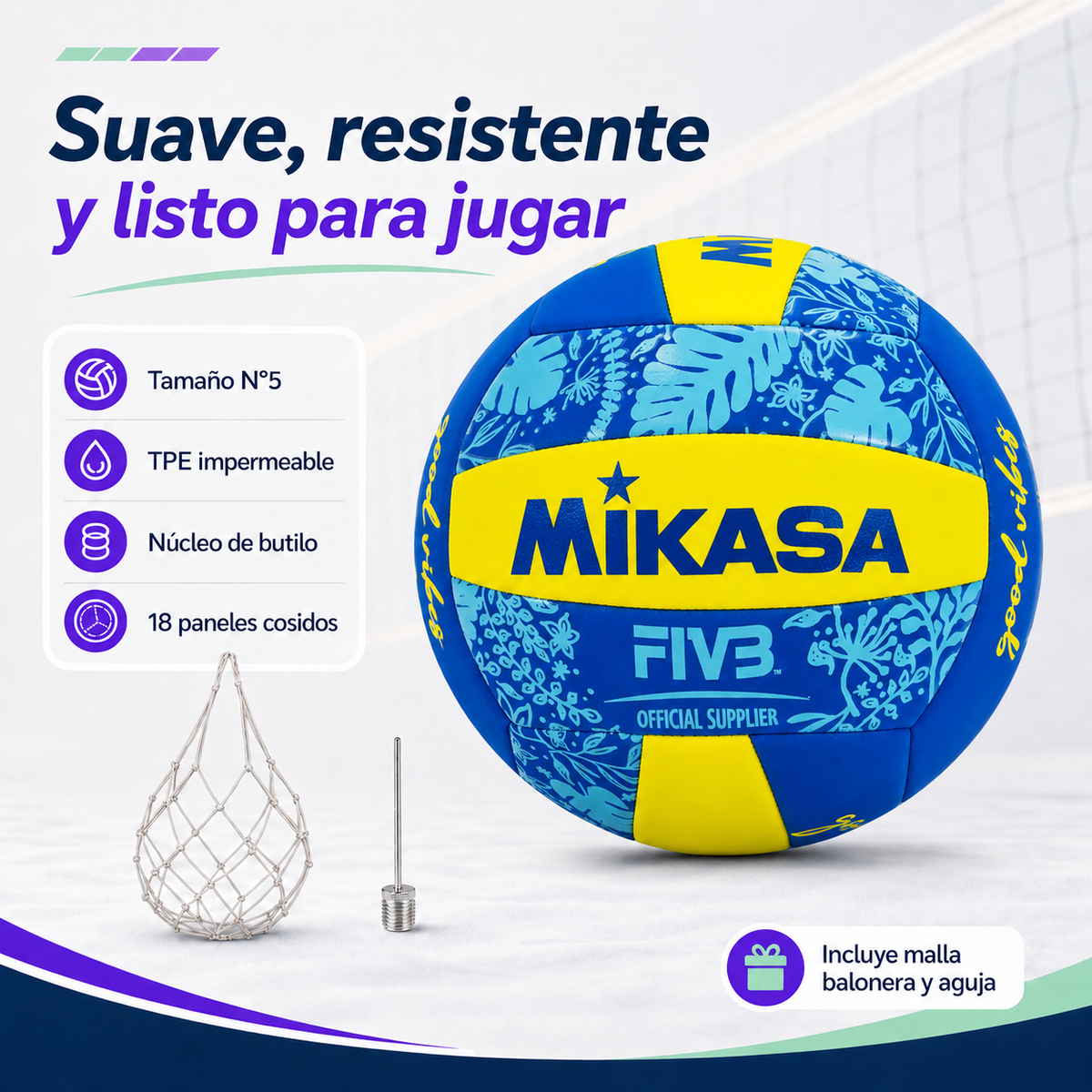 Balón de Vóleibol Playa Mikasa Good Vibes BV354TV N°5 Con Malla y Aguja | Azul/ Amarillo