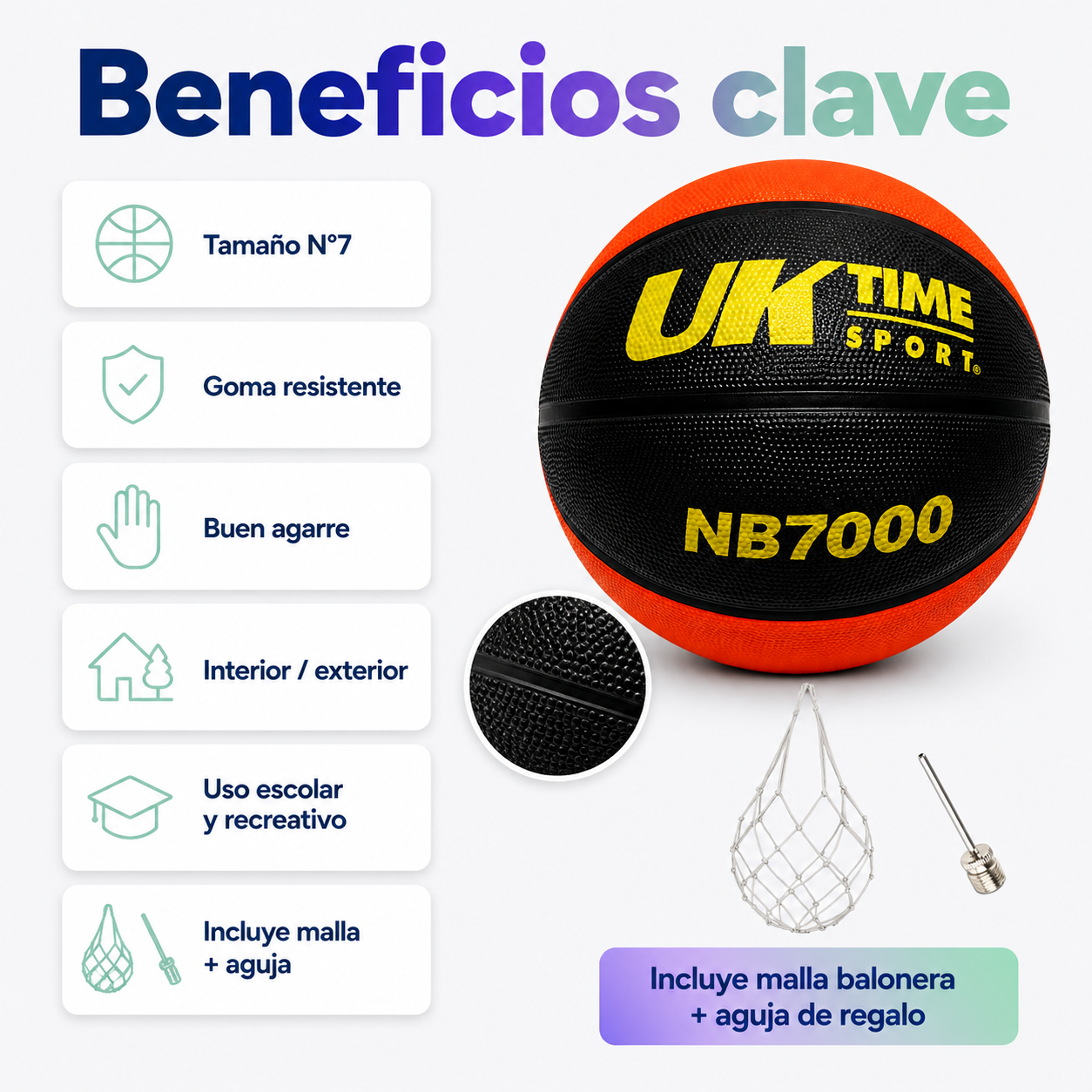 Balón de Básquetbol UKTIME N°7 NB7000 de Goma con Malla y Aguja