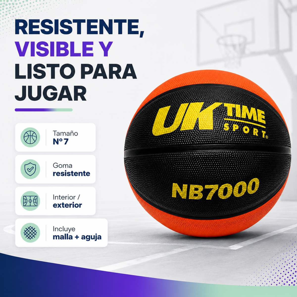 Balón de Básquetbol UKTIME N°7 NB7000 de Goma con Malla y Aguja
