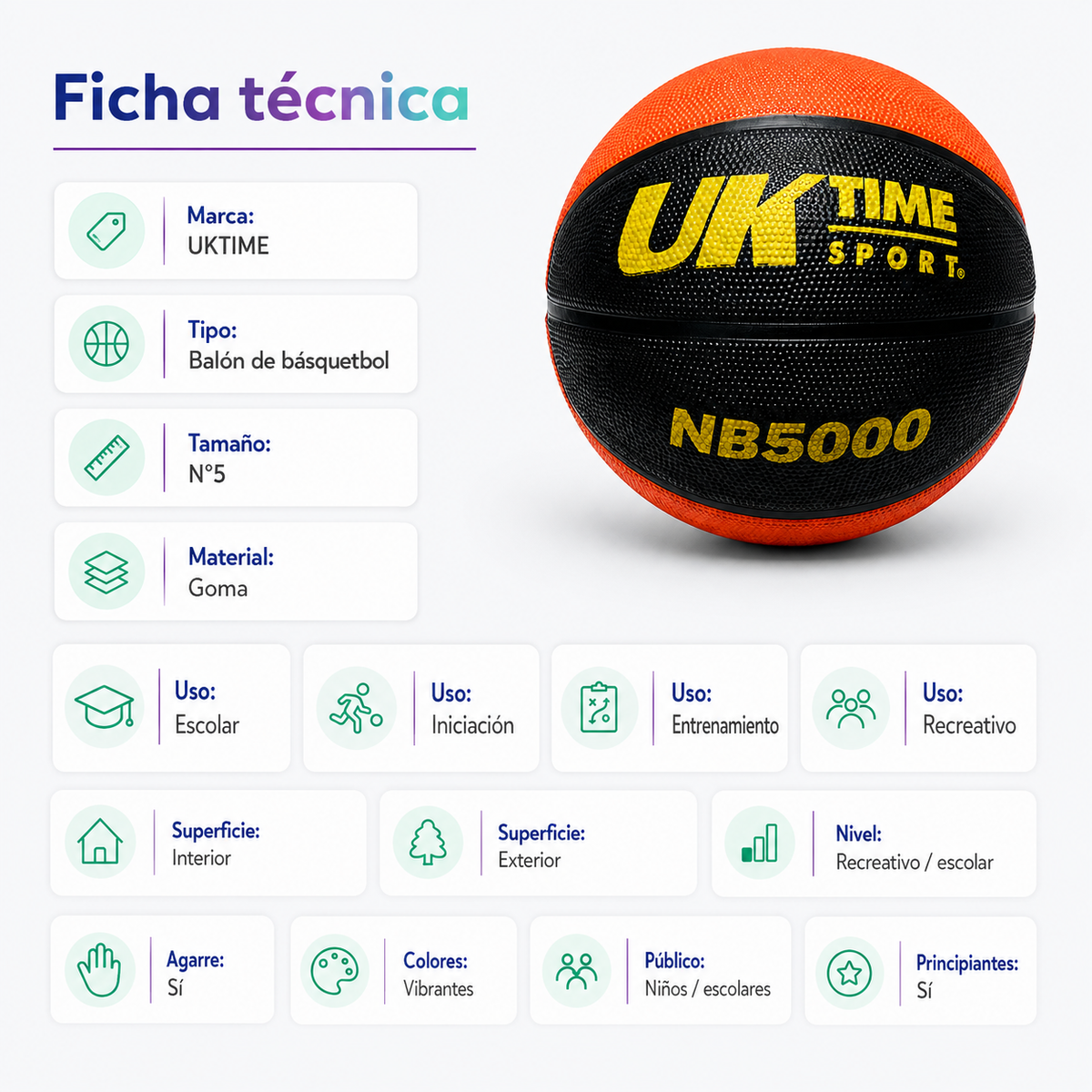 Balón de Básquetbol UKTIME N°5 NB5000 de Goma con Malla y Aguja