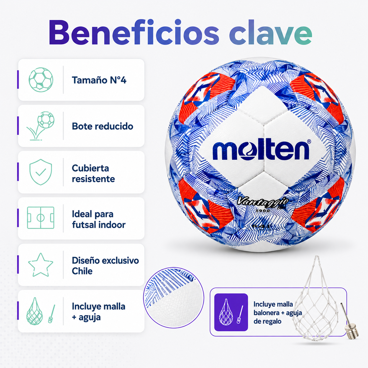 Balón Futsal Molten Vantaggio 1900 N°4 con Malla y Aguja
