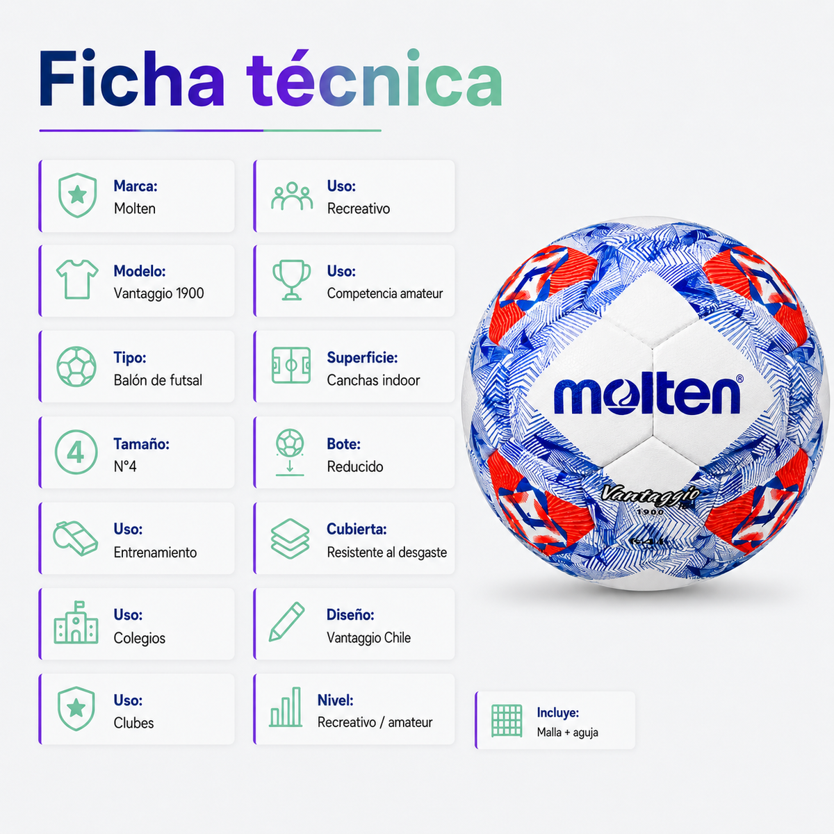 Balón Futsal Molten Vantaggio 1900 N°4 con Malla y Aguja