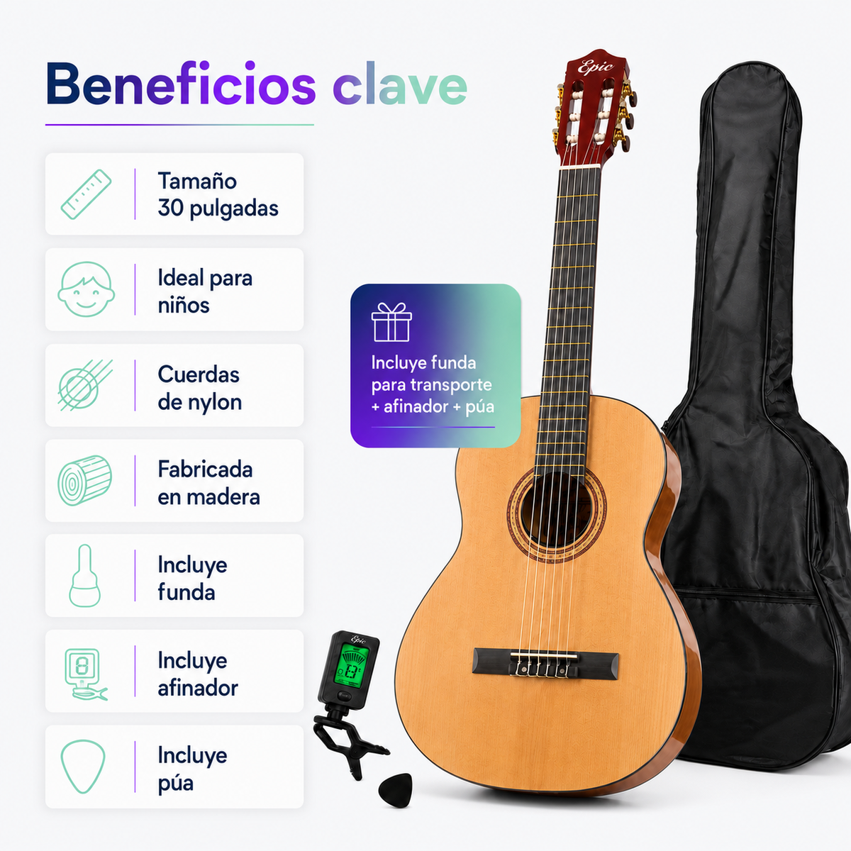 Guitarra Clásica Infantil Epic 30” con Funda, Afinador y Púa | Natural