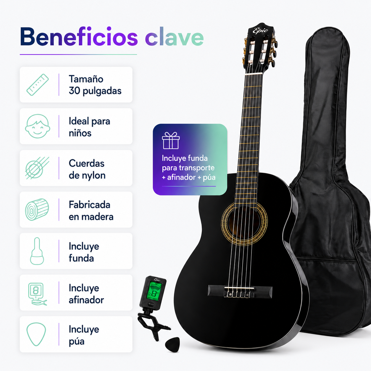 Guitarra Clásica Infantil Epic 30” con Funda, Afinador y Púa | Negro