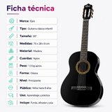 Guitarra Clásica Infantil Epic 30” con Funda, Afinador y Púa | Negro