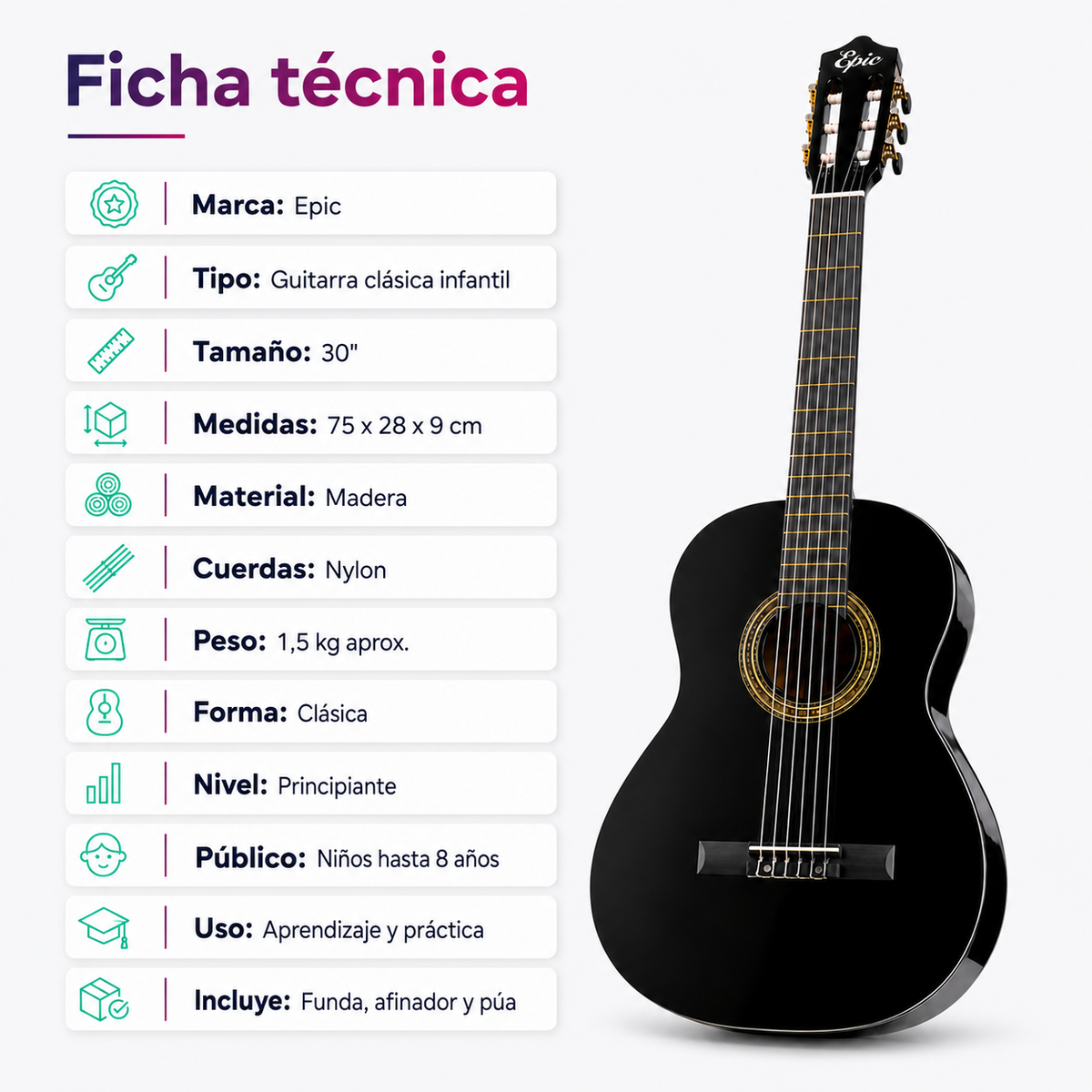 Guitarra Clásica Infantil Epic 30” con Funda, Afinador y Púa | Negro