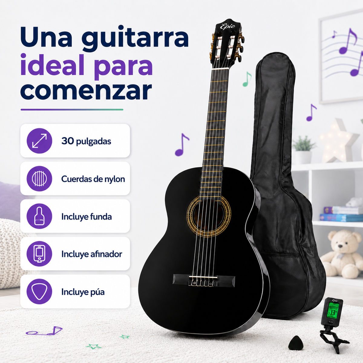 Guitarra Clásica Infantil Epic 30” con Funda, Afinador y Púa | Negro