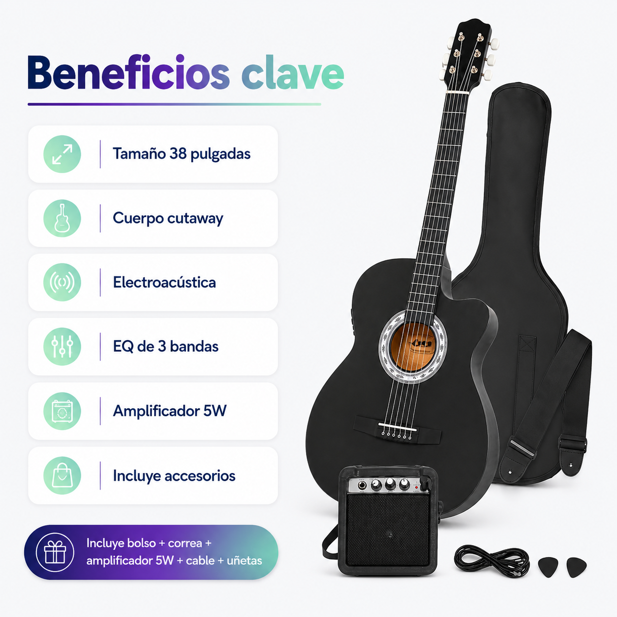 Guitarra Electroacústica Epic 38” Negra con Amplificador 5W