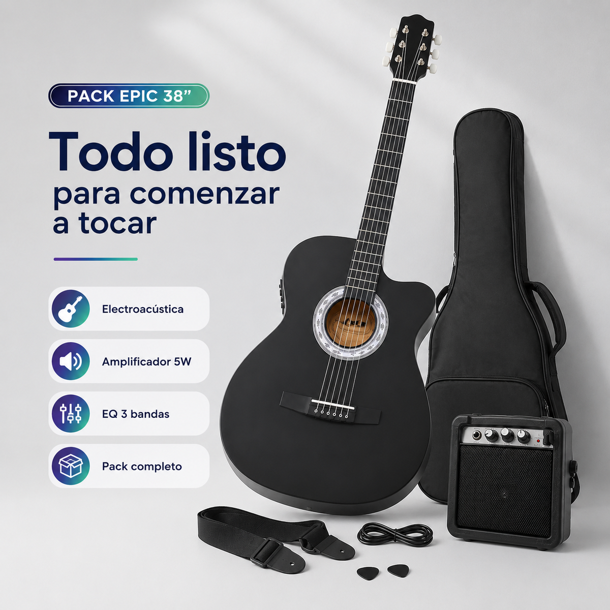 Guitarra Electroacústica Epic 38” Negra con Amplificador 5W