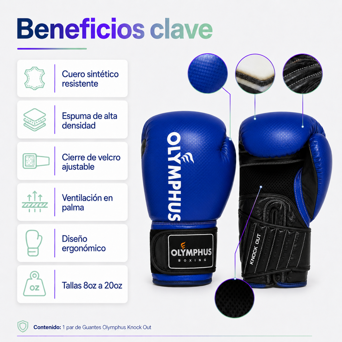 Guantes de Boxeo Olymphus Knock Out Semi Profesionales | Azul