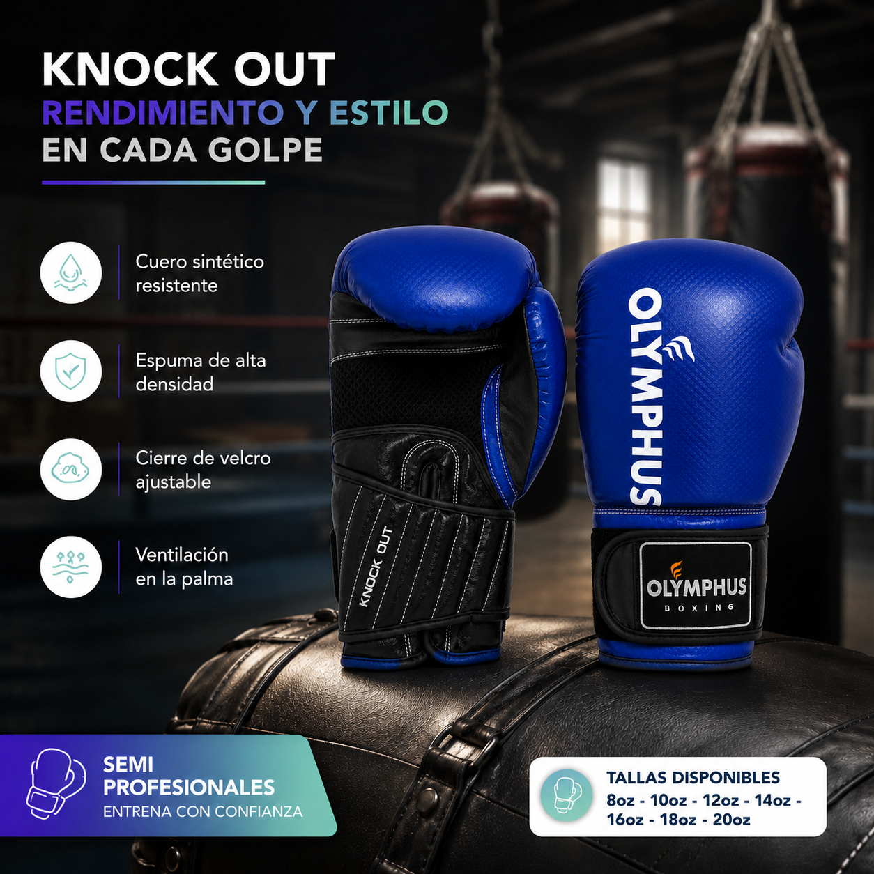 Guantes de Boxeo Olymphus Knock Out Semi Profesionales | Azul