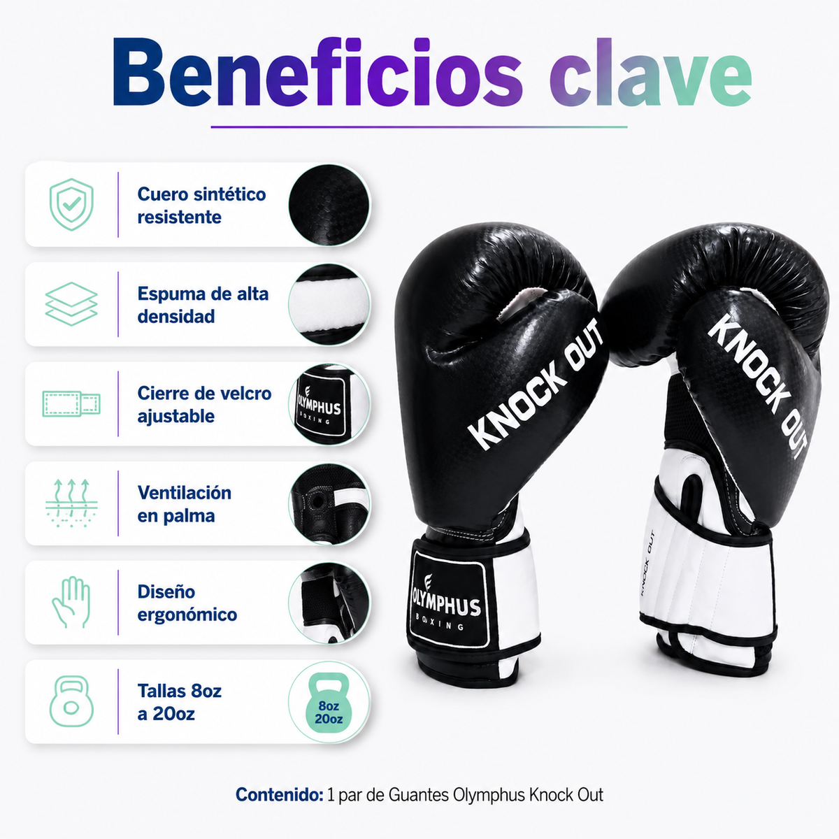 Guantes de Boxeo Olymphus Knock Out Semi Profesionales | Negro