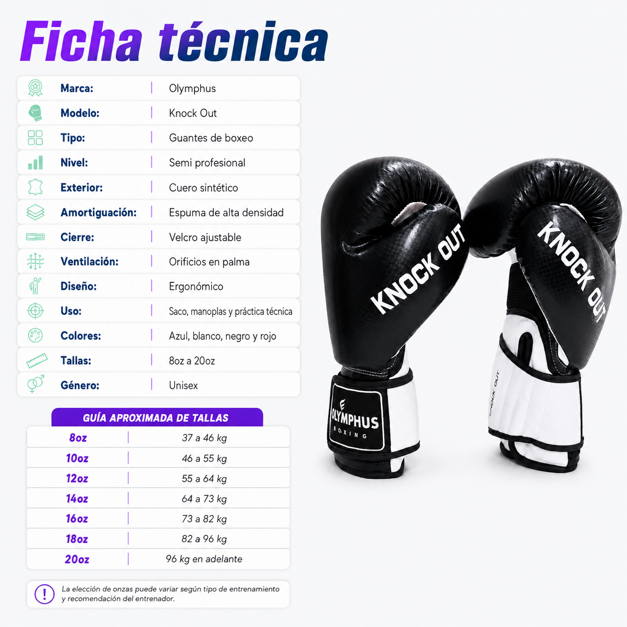 Guantes de Boxeo Olymphus Knock Out Semi Profesionales | Negro